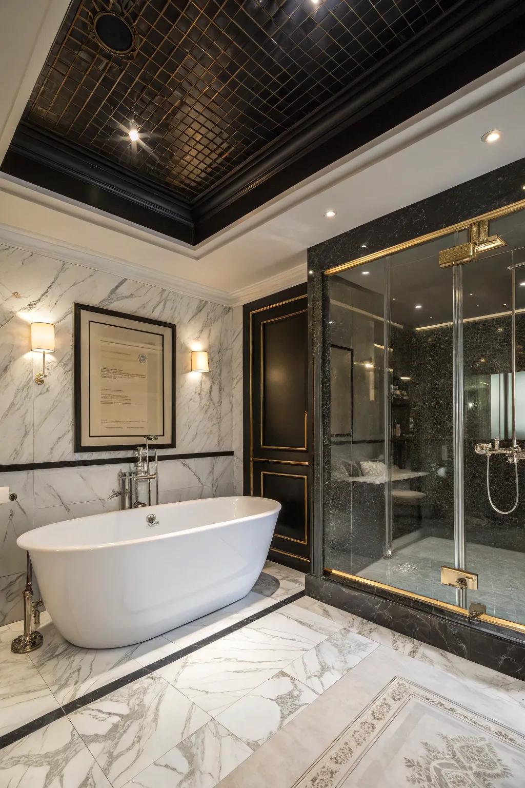 A spa-like bathing area where a dark overhead adds luxury.