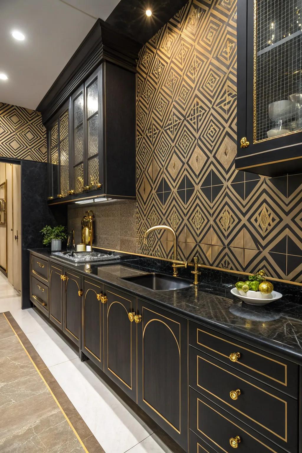 Art Deco style featuring black countertops and gilded accents.