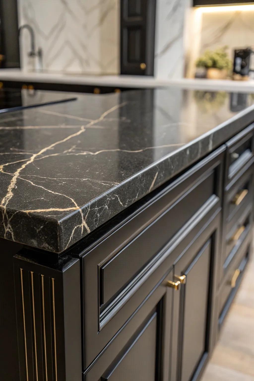 Subtle veining enriches elegance to ebony worktops.