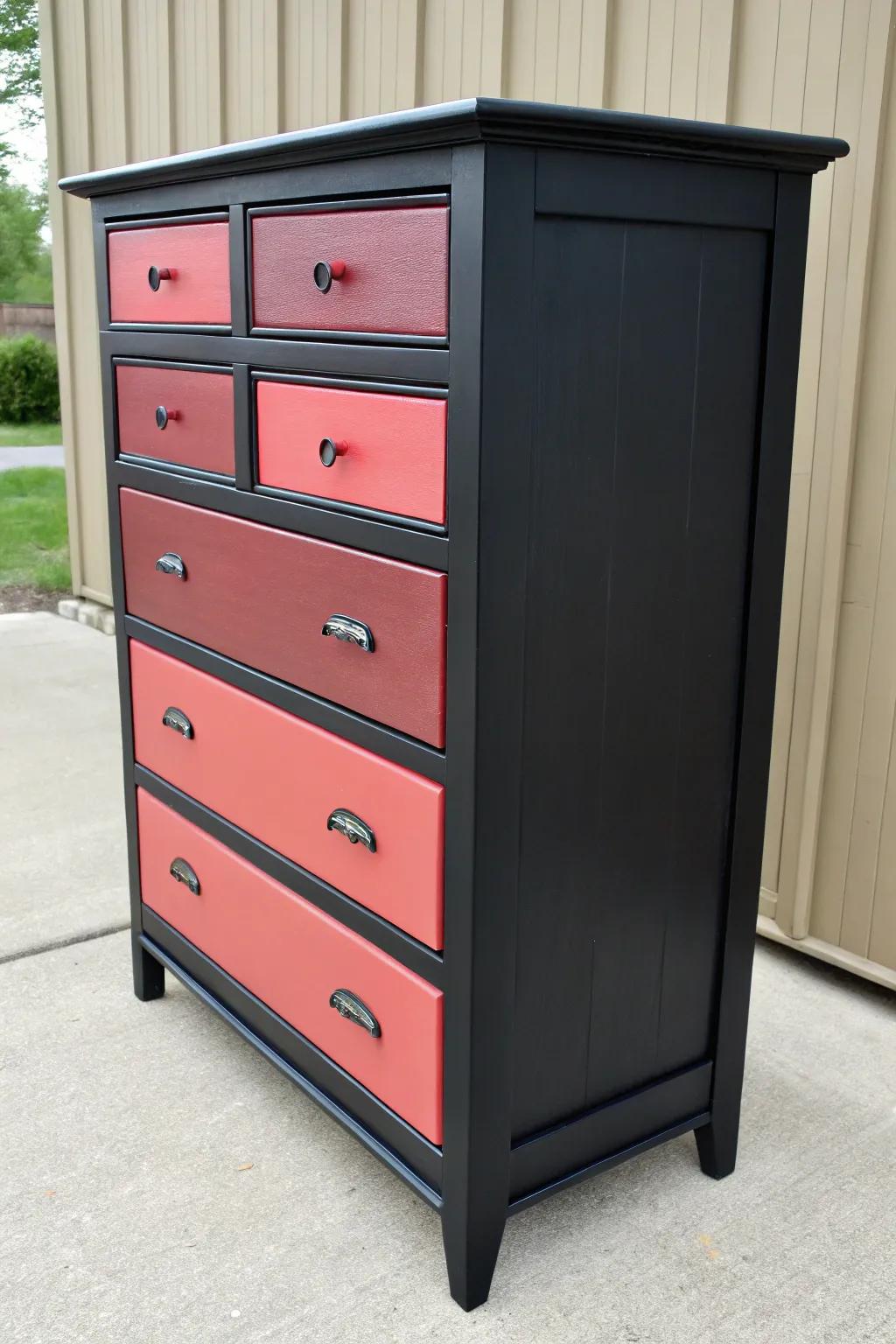 A dark wood dresser with eye-catching two-tone drawer design.