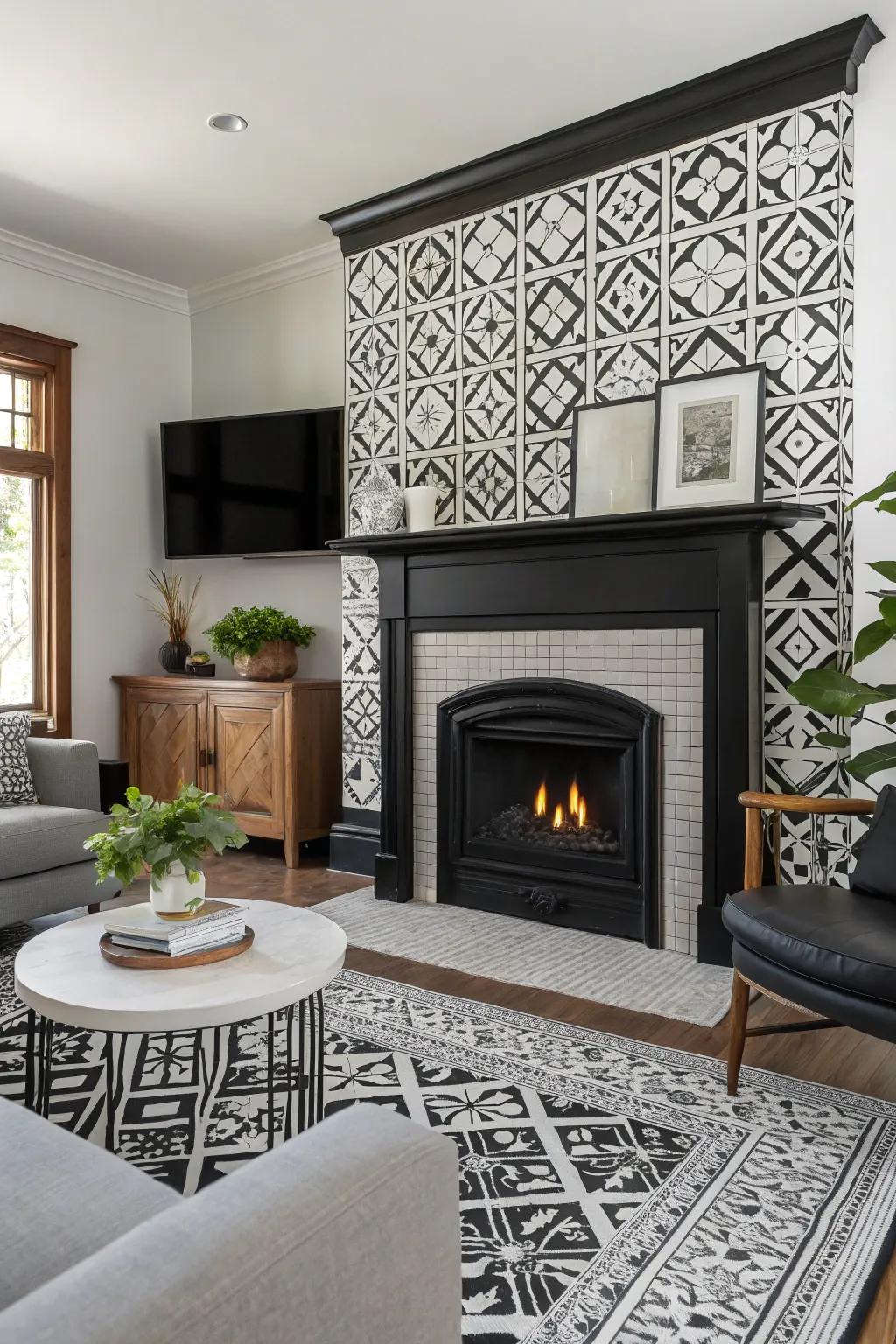 Make a striking statement with dark and light designs around your hearth.