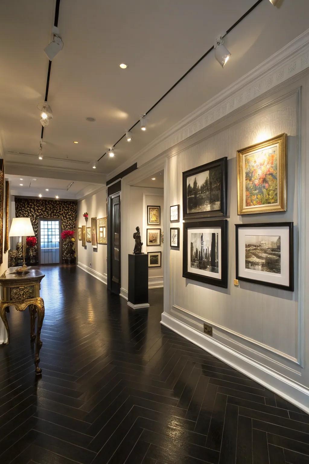 Art gallery feel with dark hardwood floor.