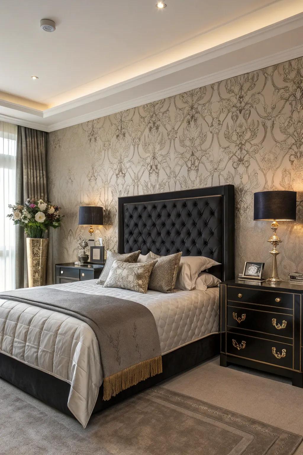 Sophisticated bedroom featuring a textured wall behind the dark-toned headboard