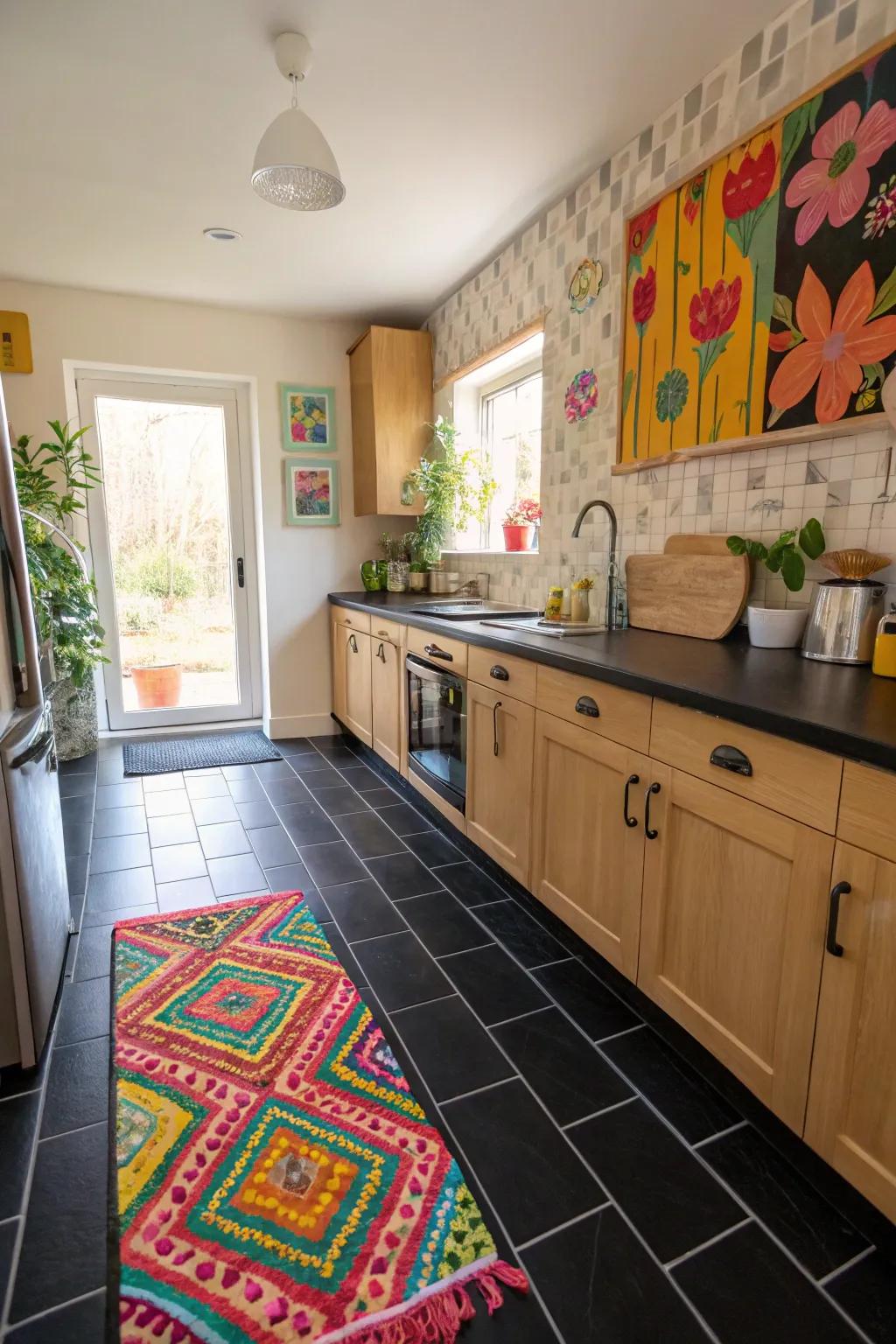 A kitchen where vibrant highlights enliven the ebony floor tiles.