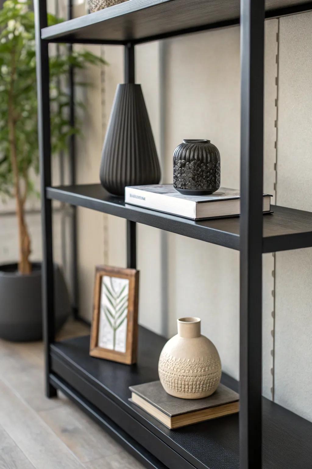 Thoughtful utilization of vacant space upon a dark-colored shelf emphasizing simplicity.