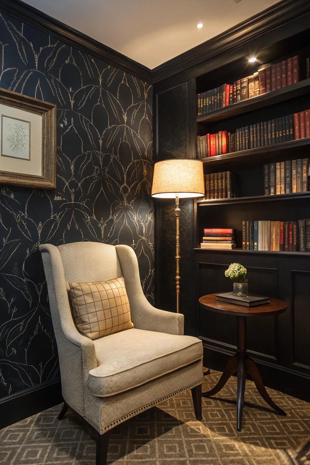 Patterned wallpaper enhancing a black wall.