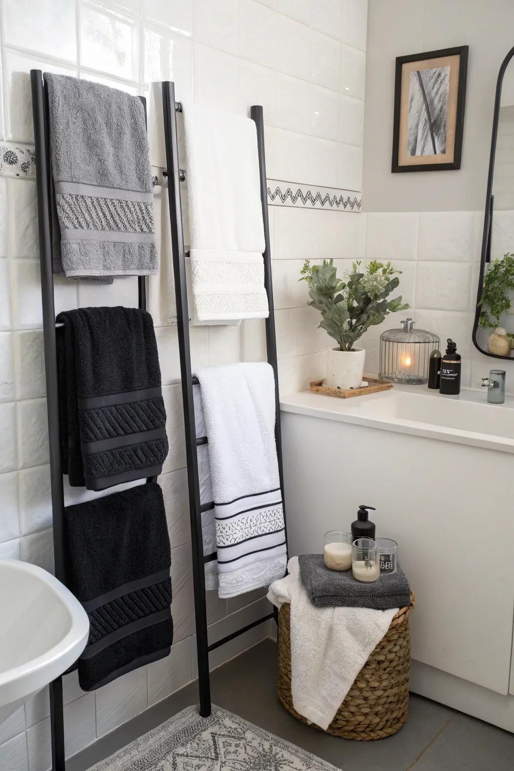 Neutral accessories tie together the monochrome palette of this bathroom.