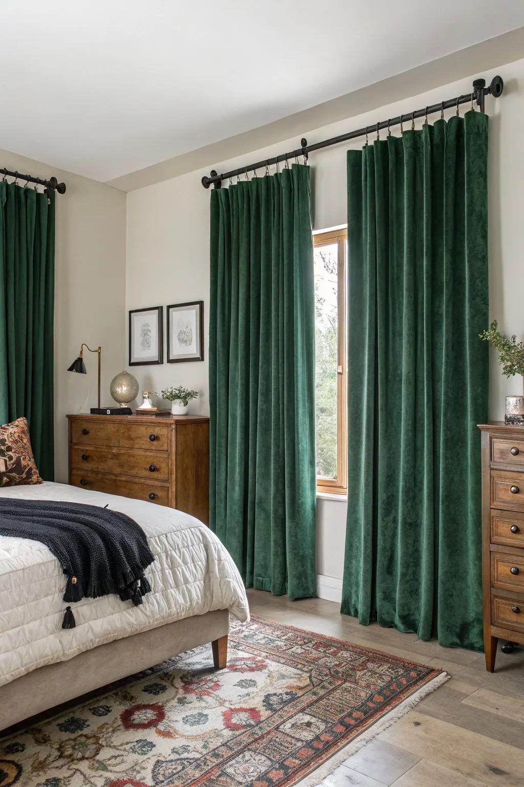 Verdant velvet drapes fostering a sumptuous atmosphere.
