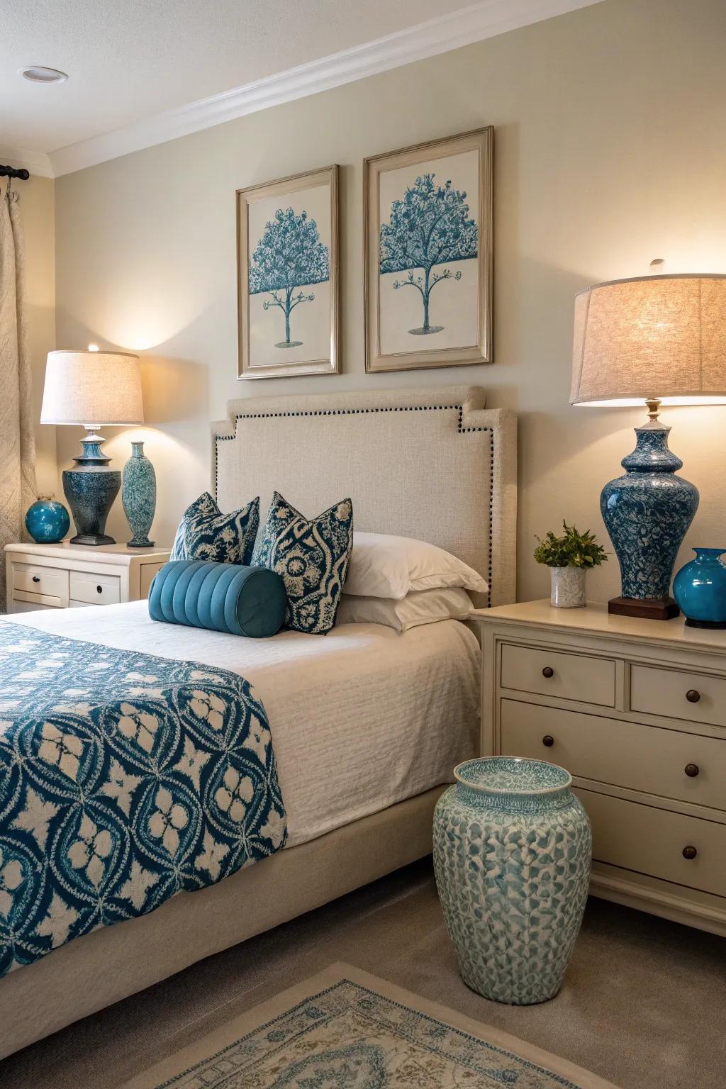 Emphasis and style are added to the décor by sandstone with azure pops.