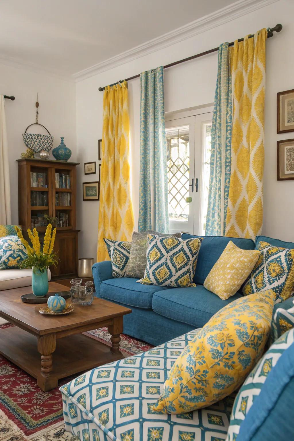 A blend of azure and gold patterned textiles introducing vibrancy to the area.