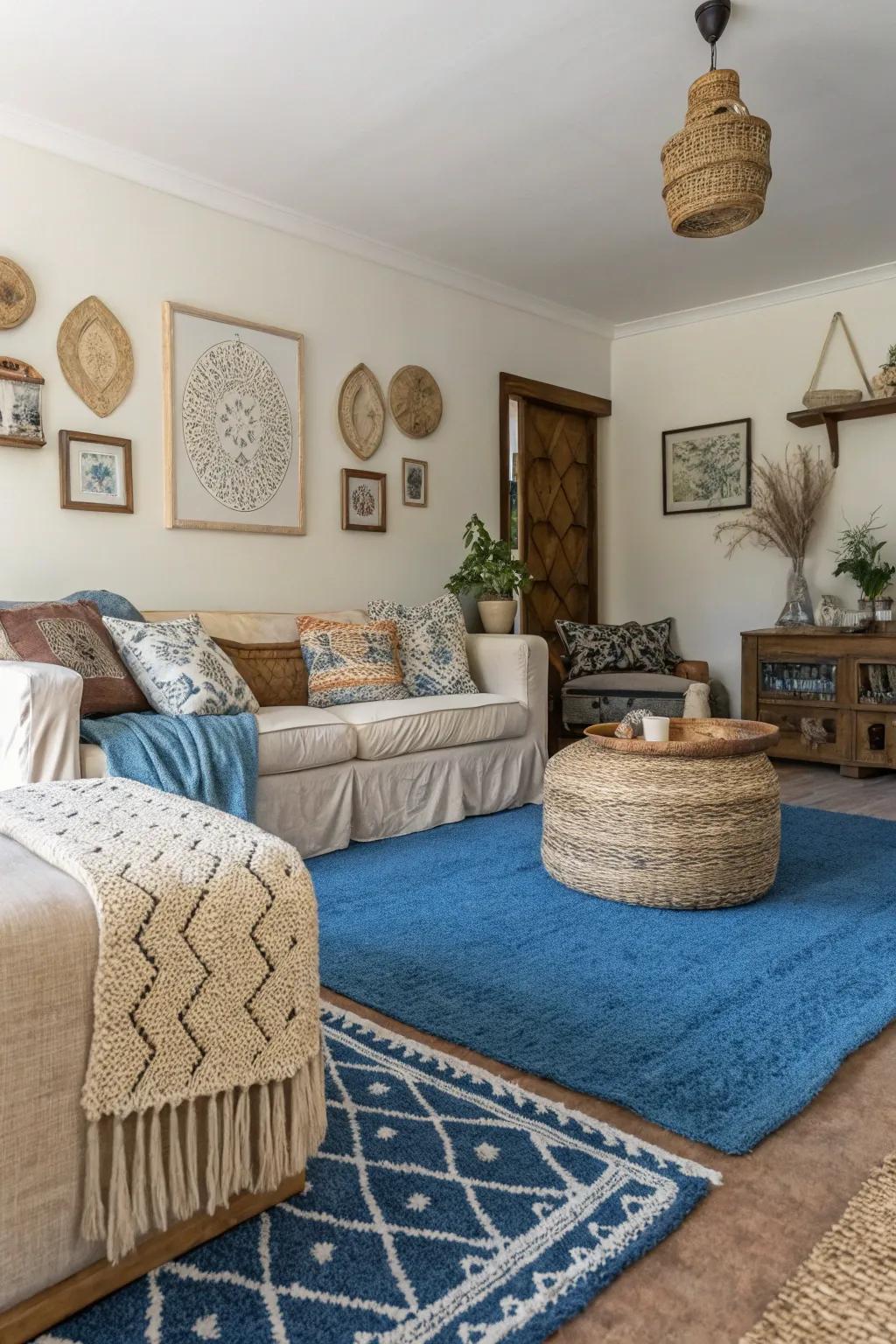 Layered fabrics complement a blue carpet, adding depth and warmth.
