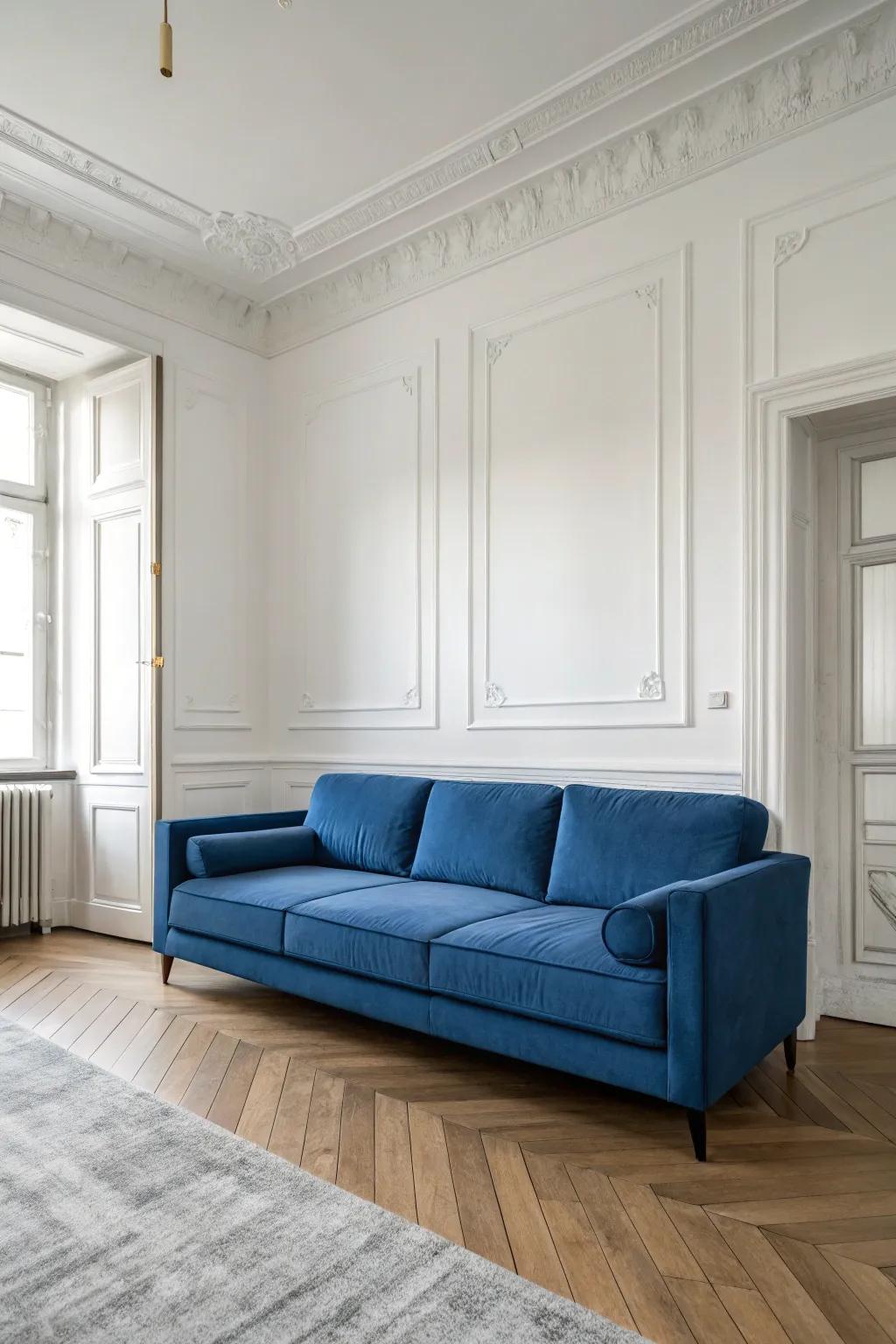 A minimalist setup emphasizes the sapphire settee as the central element.