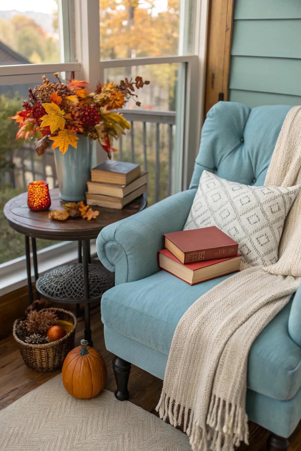 A charming reading corner with blue accents.