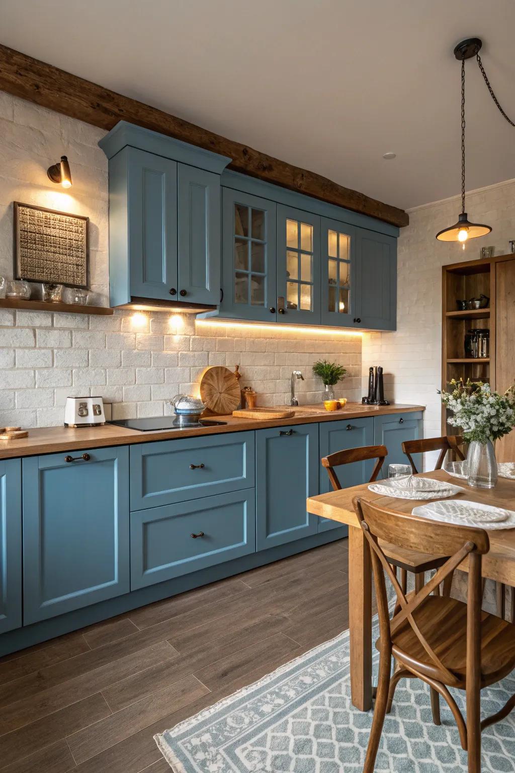 Azure cupboards paired with inviting timber hues conjure a harmonious and welcoming cooking area.