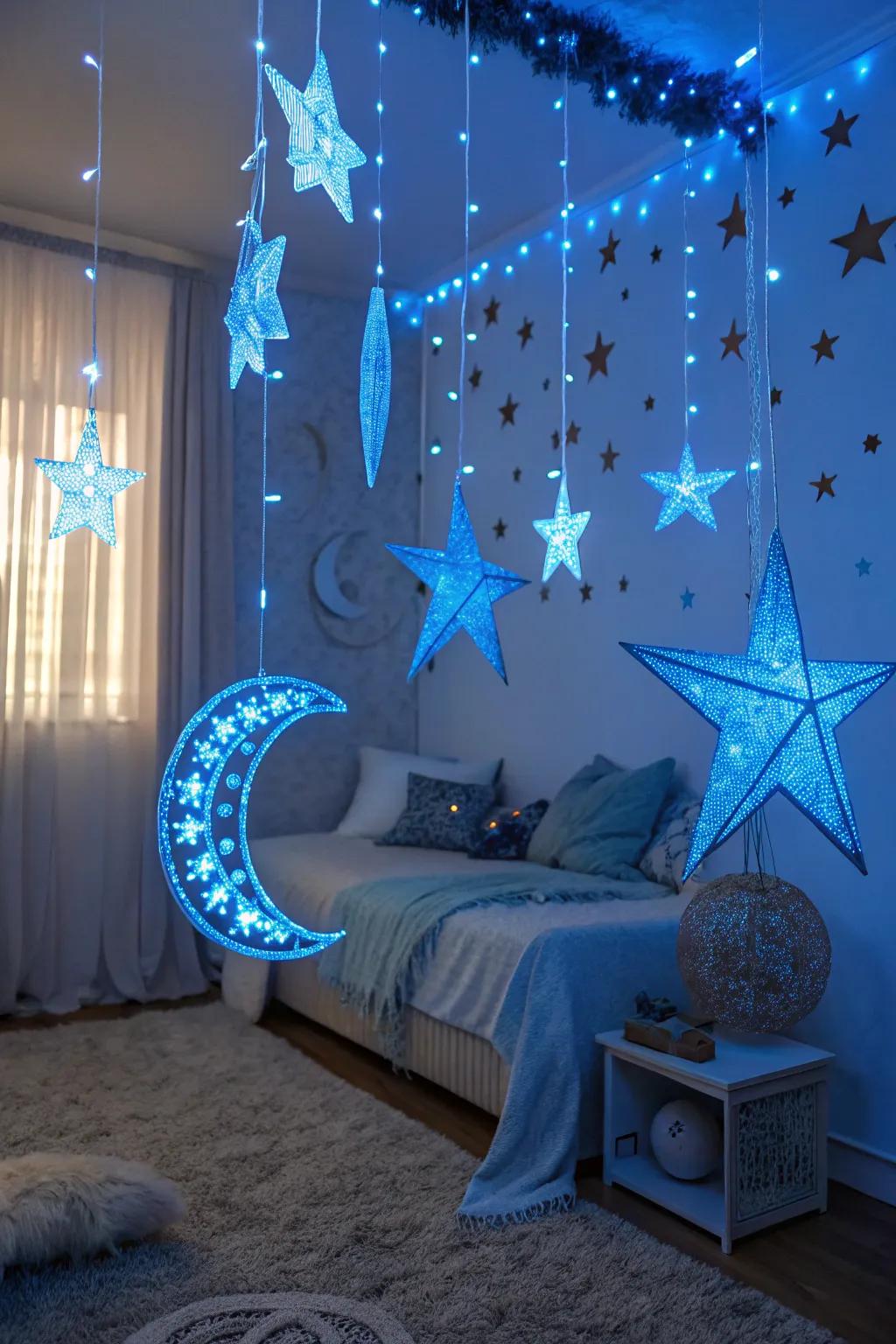 Heavenly azure decorations contributing a mystical ambiance to the gathering.