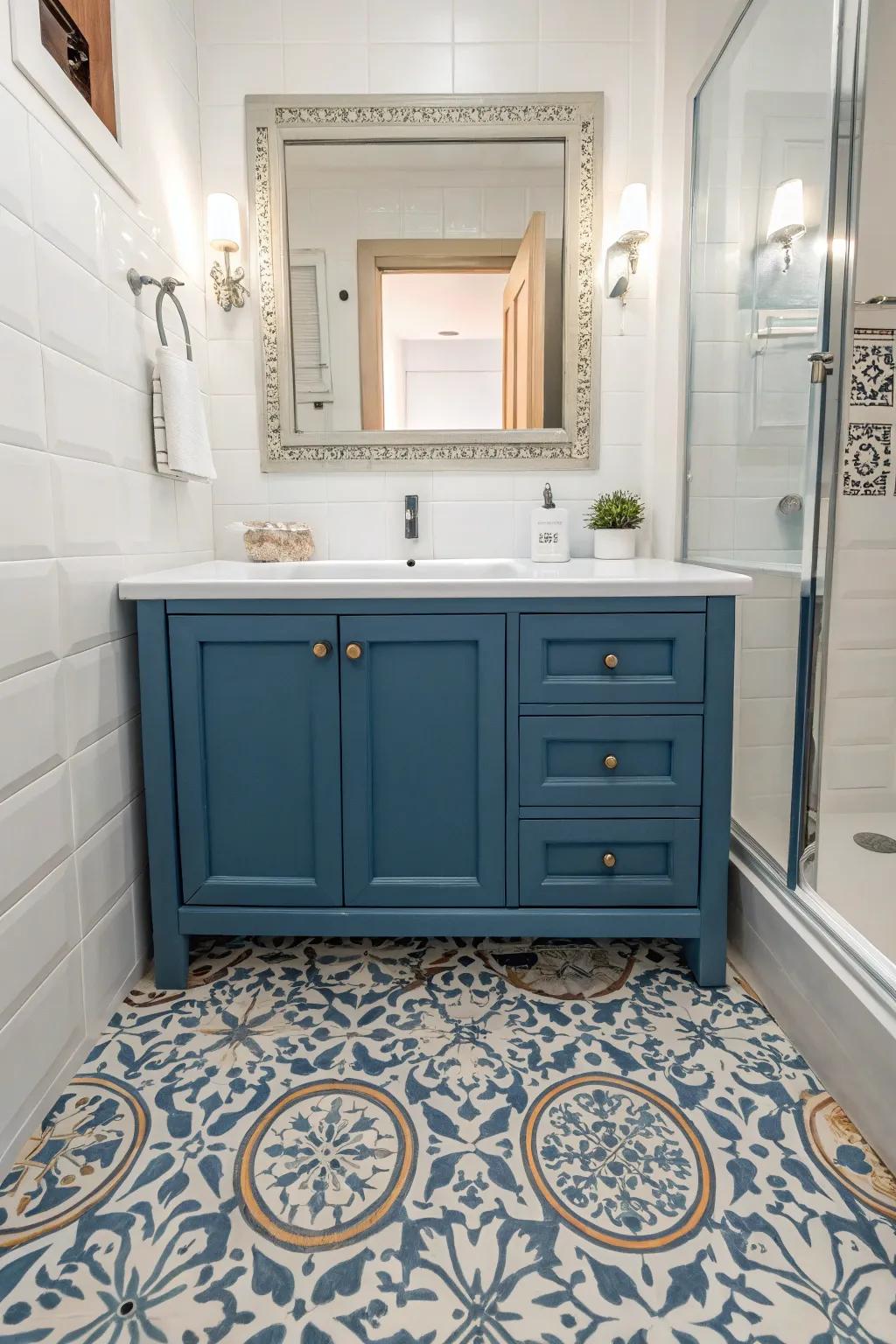 Patterned floors infuse whimsy and sophistication into a blue vanity.