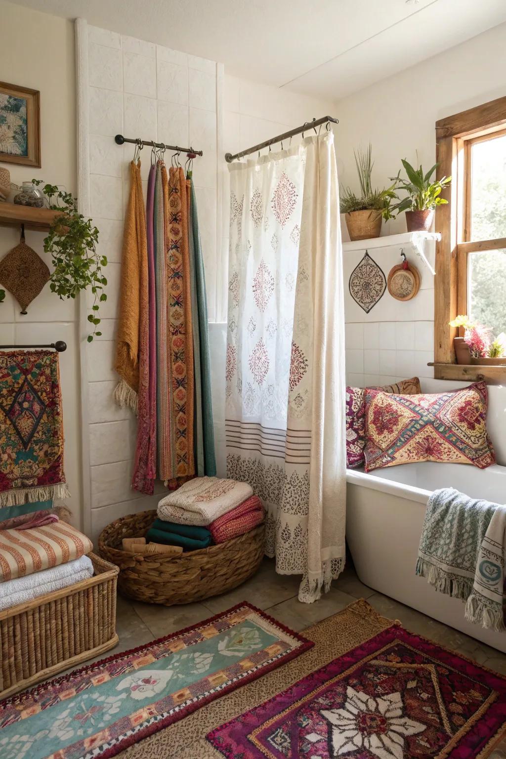 A boho bathroom using a mix of vibrant fabrics and designs.