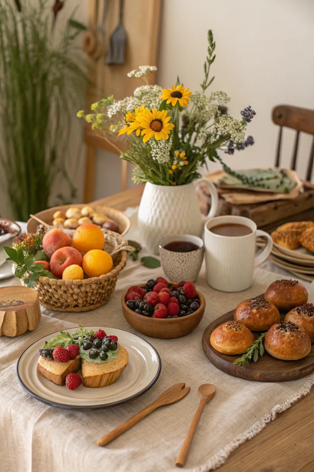 An earthy color palette sets a calming tone for the boho brunch.