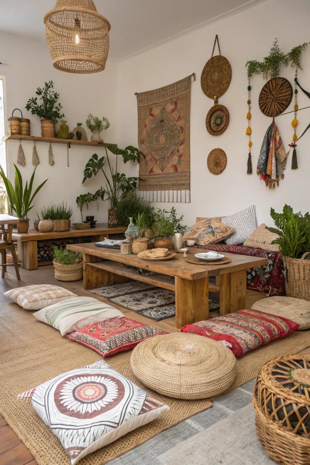 Floor pillows adding comfort to a boho dining space.