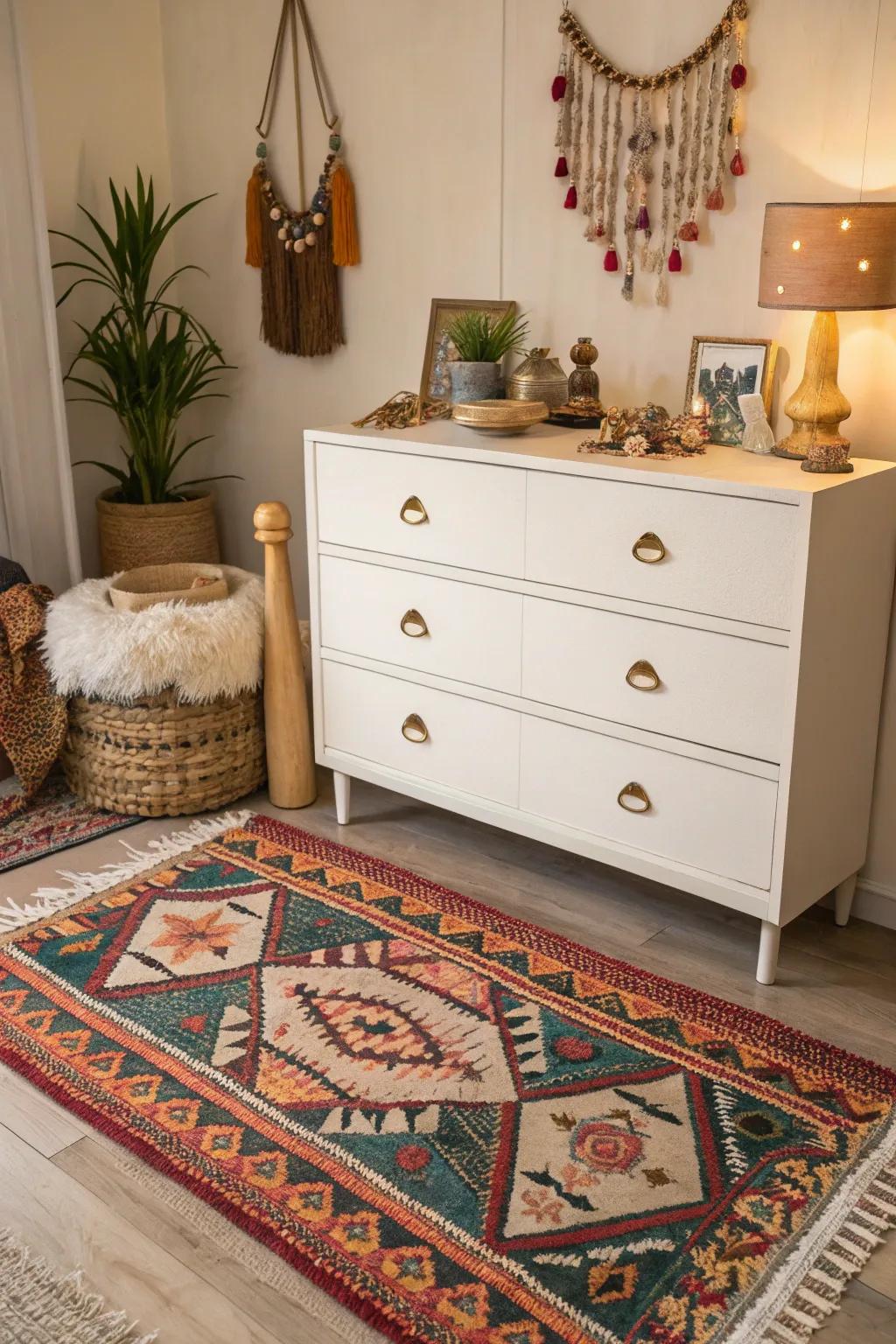 A fringed rug injects comfort and finalizes the boho aesthetic of this dresser.