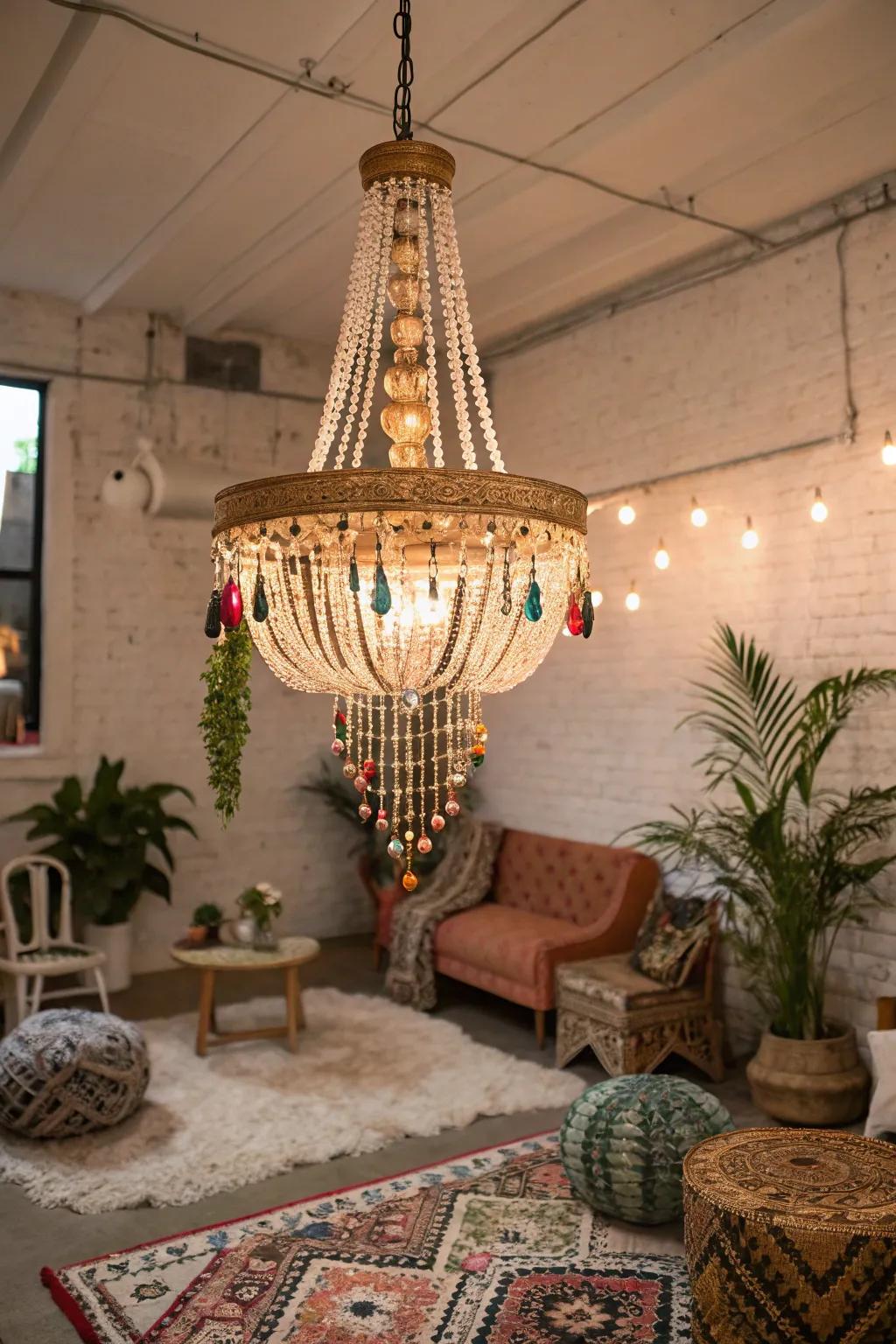 A bohemian chandelier appends classiness and charm to the space.