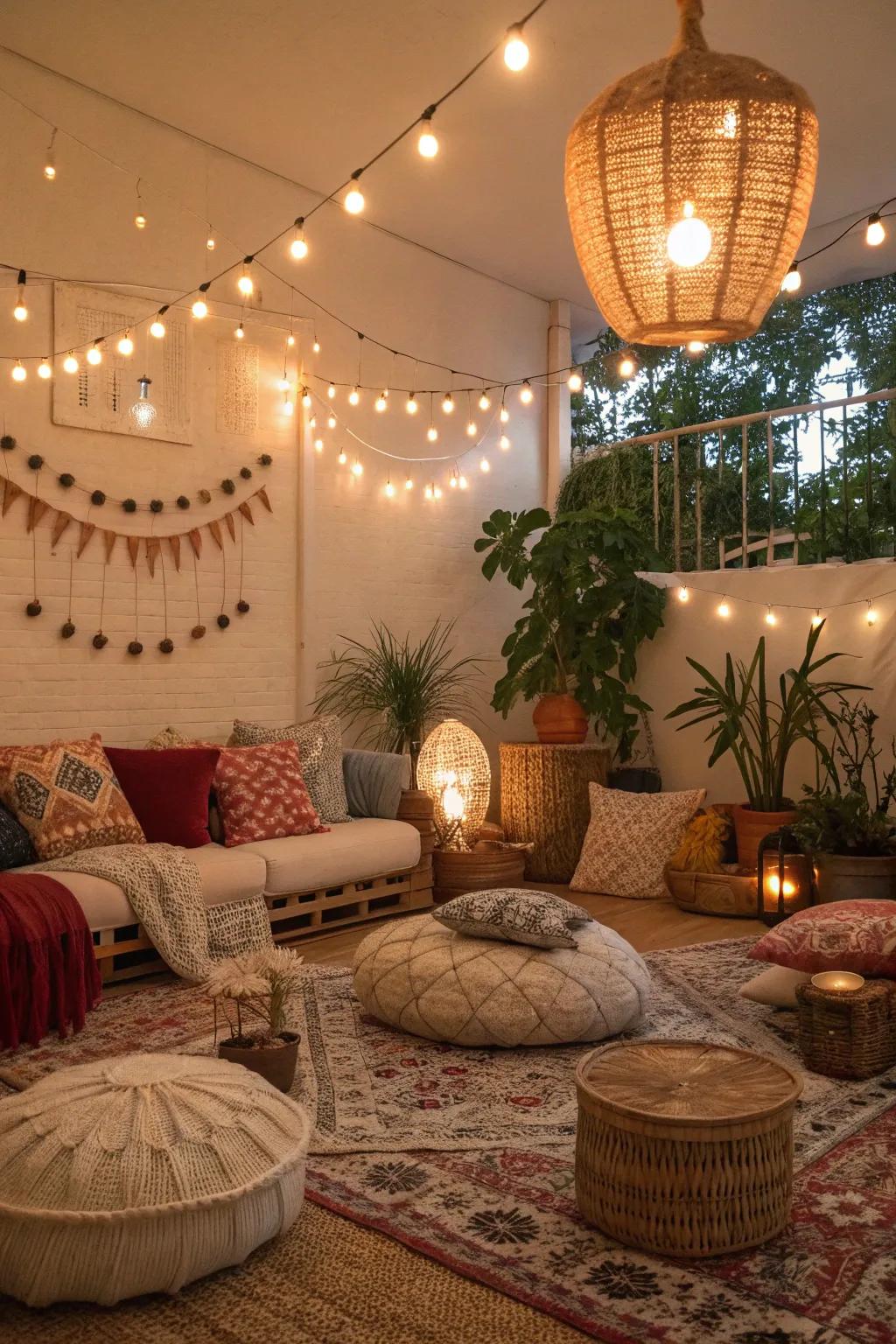 Gentle illumination sets the mood in a bohemian living space.