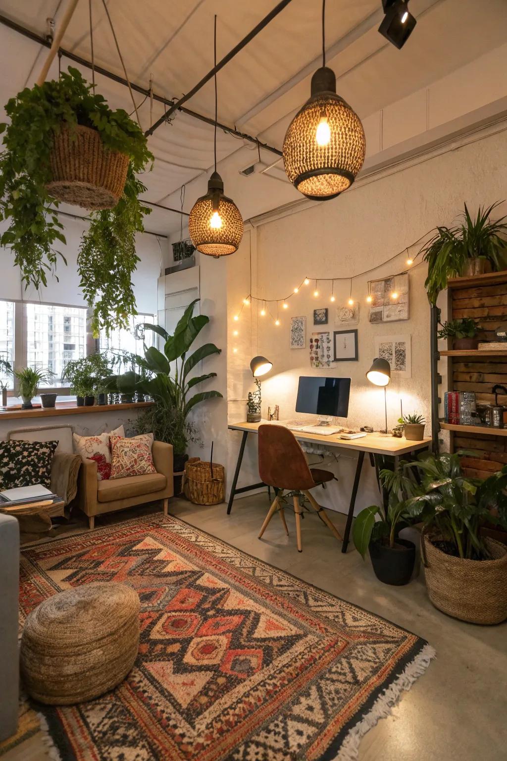 Hanging lights provide functional lighting and an artistic touch.