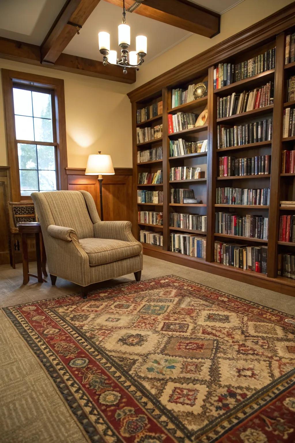 A plush rug adds comfort and style to the book room.