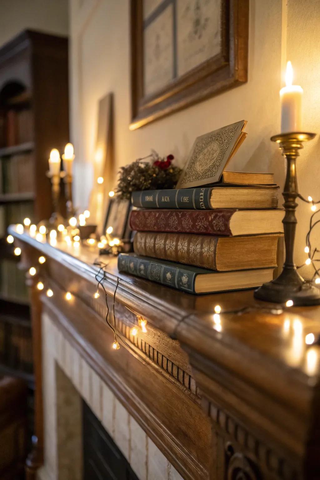 Lighting accentuates the book display on the mantel.