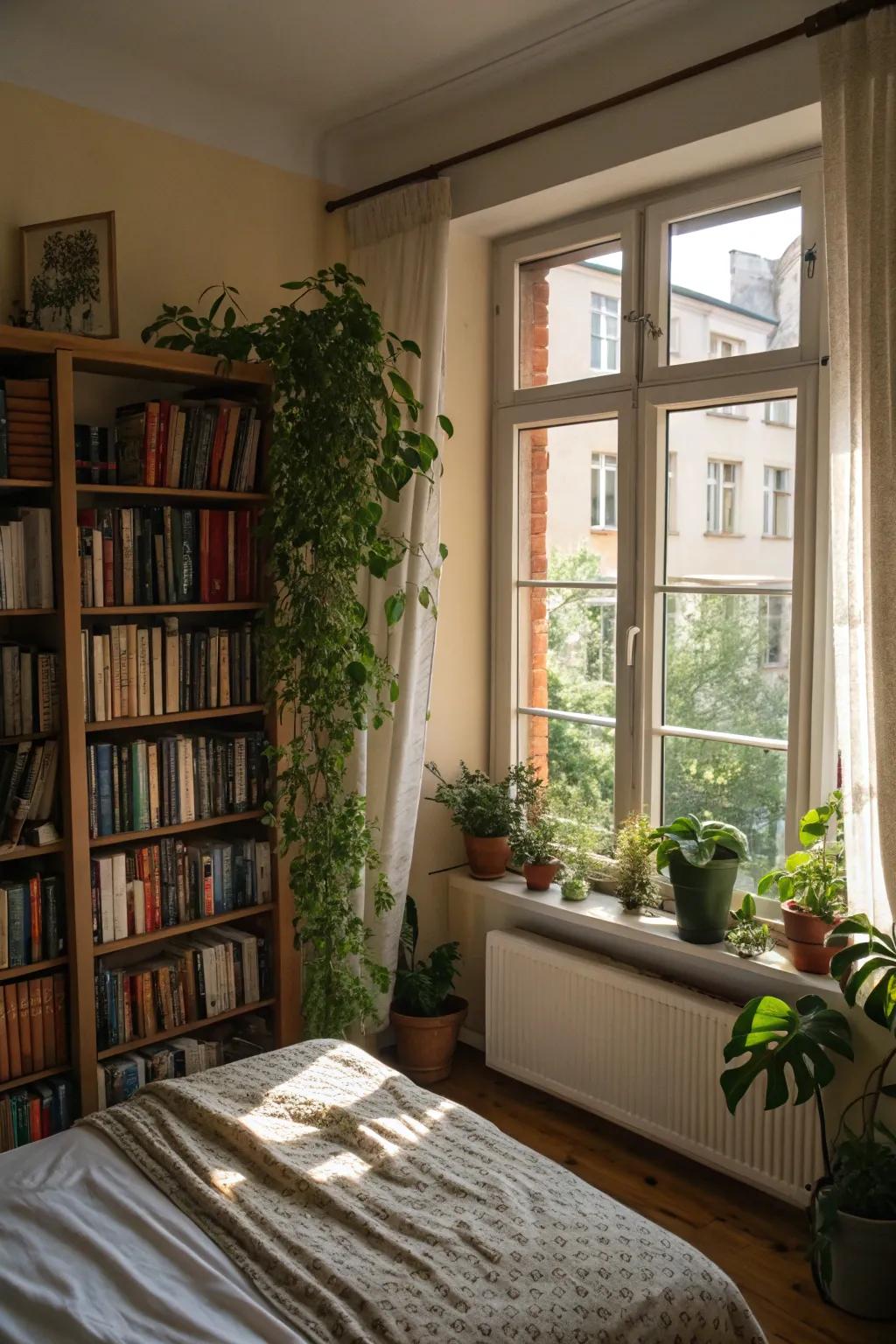 A picturesque bookshelf design that frames the window beautifully.