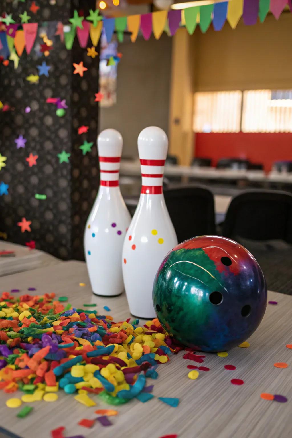 Festive confetti introduces merriment to your bowling-themed centerpiece.