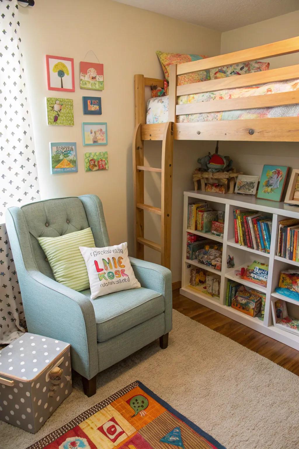 A reading corner offers a quiet retreat within the shared area.