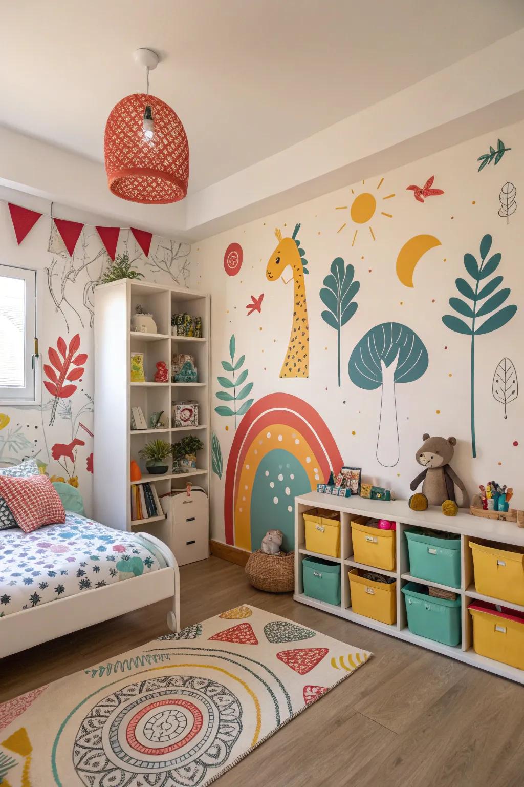 Adhesive wall designs offer dynamic visuals and easy updates.