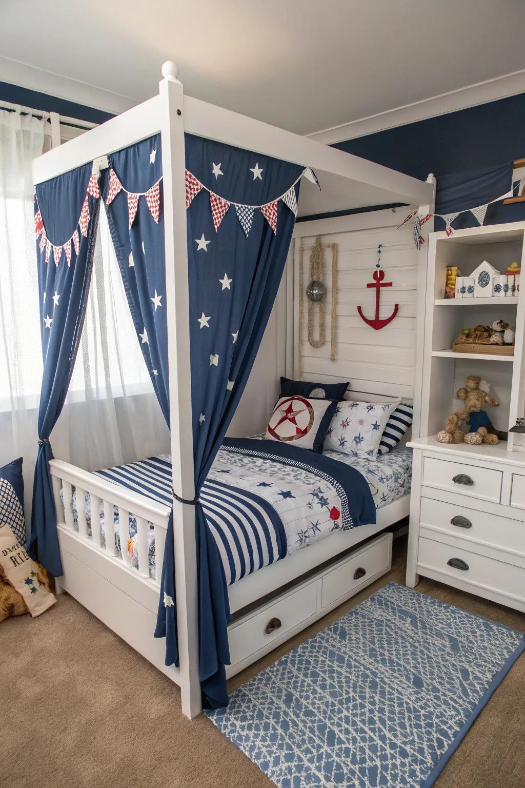 Sail into sweet dreams using this nautical-styled canopy bed.