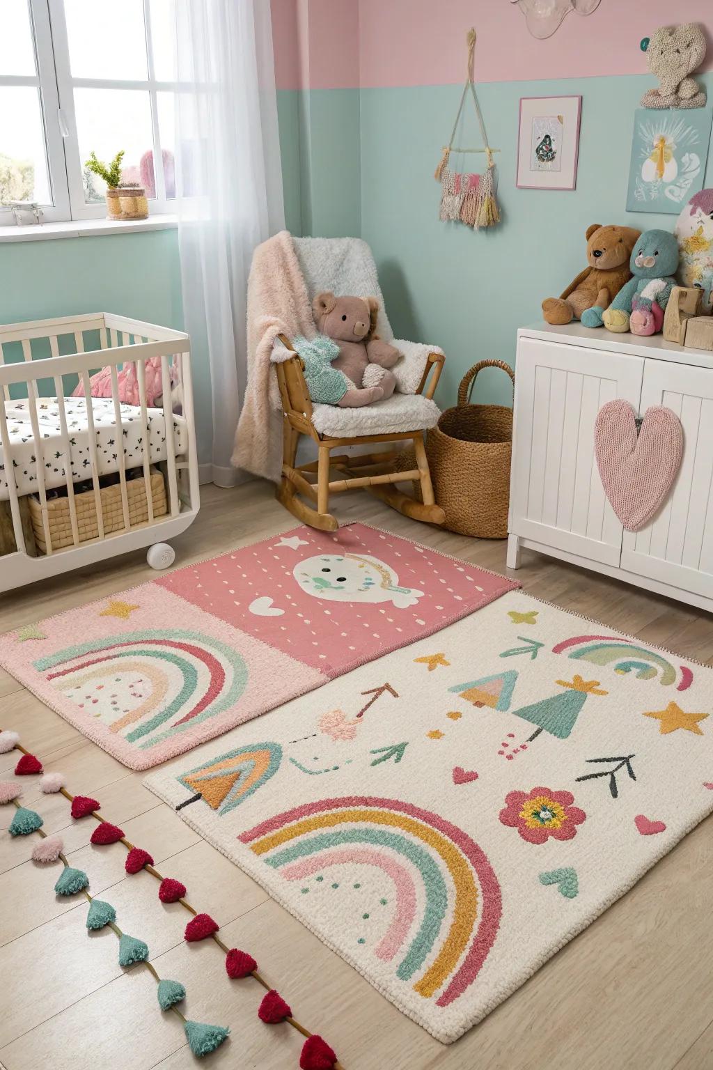 Playful floor coverings fashion a welcoming and fun floor space.