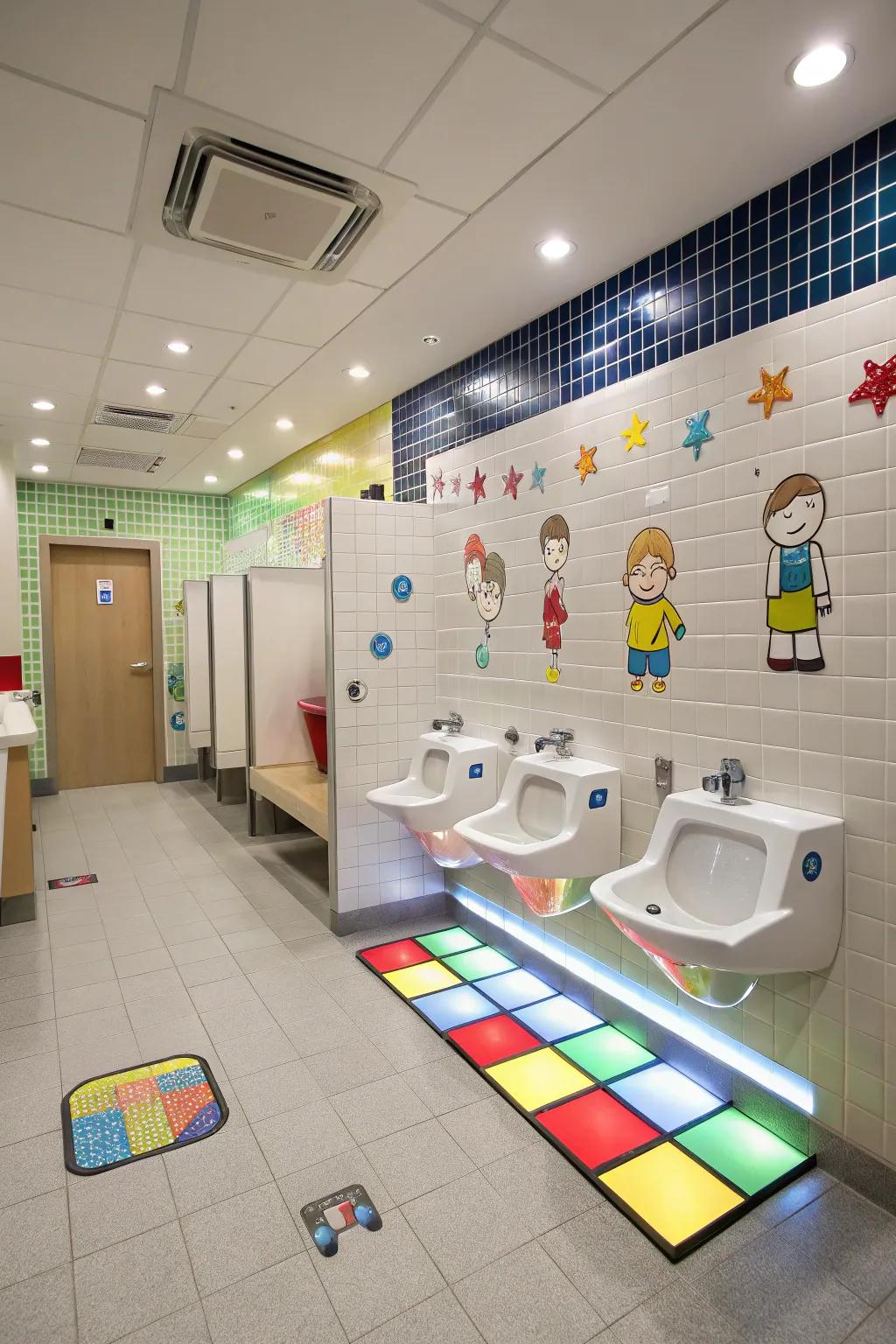 Interactive surface tiles create a playful experience in a boys' bathroom.