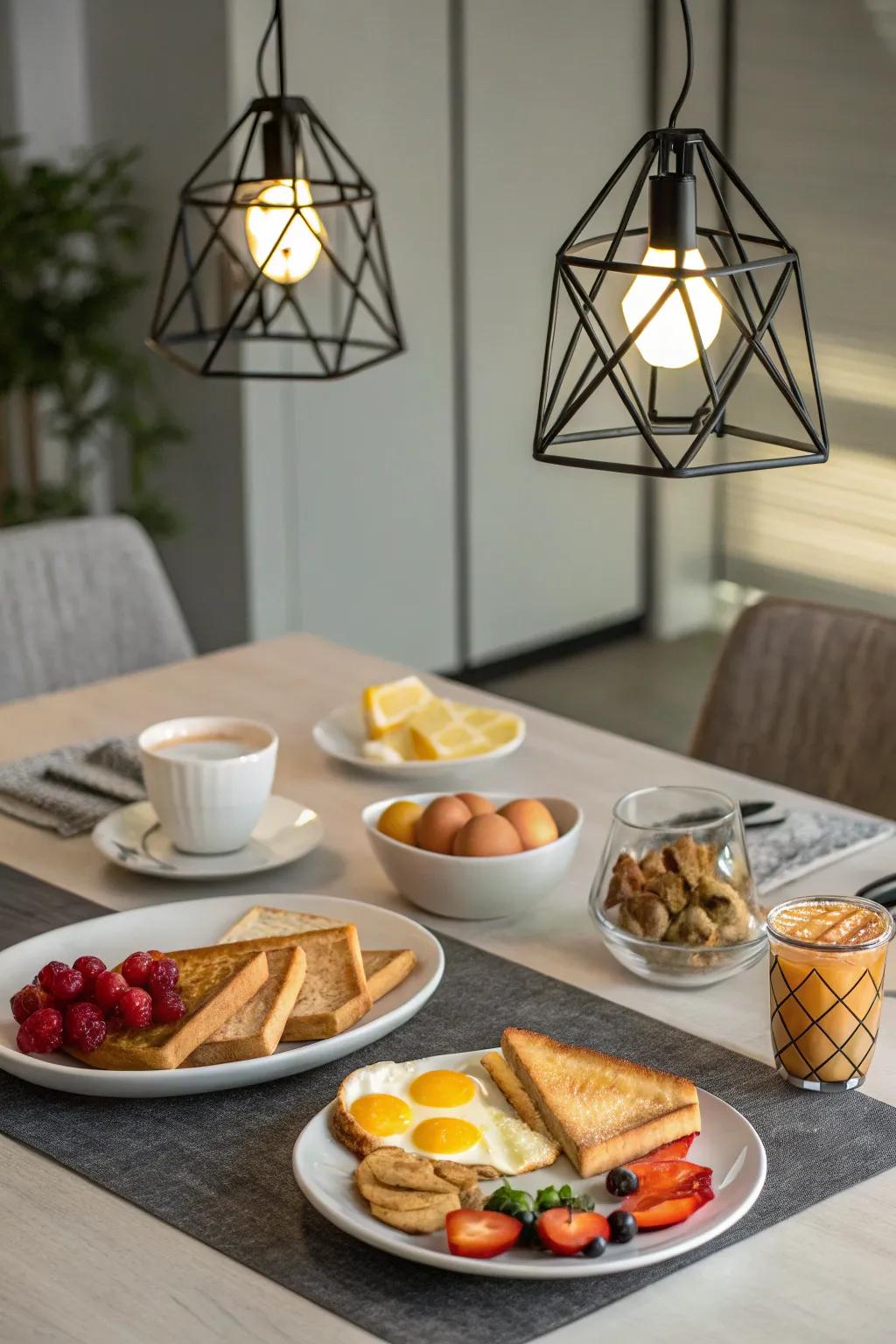 Geometric lighting assemblies cultivating a modern sharpness in a breakfast area.