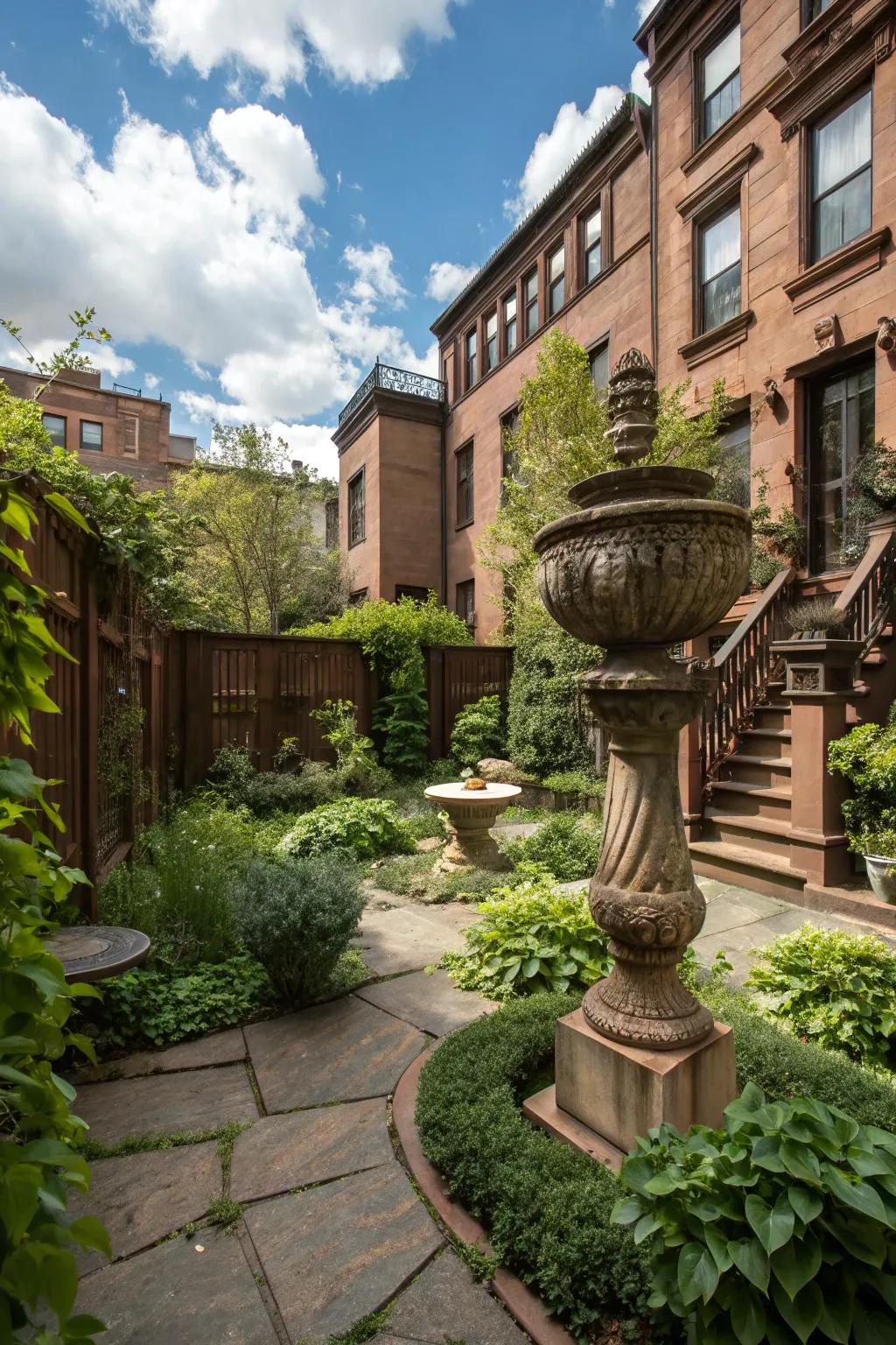 Garden art brings a focal point to the backyard.