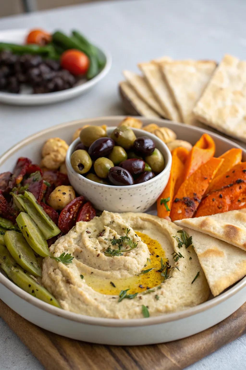 A flavorful Mediterranean appetizer platter for brunch explorers.