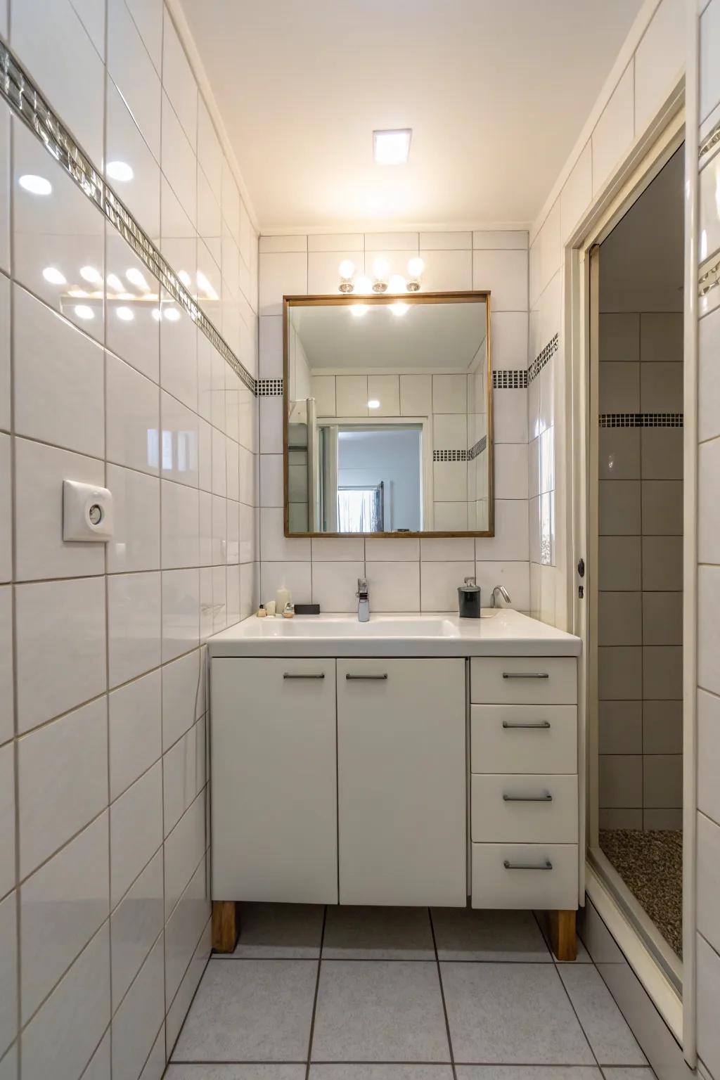 Mirrored cabinets amplify light and add storage effectively.