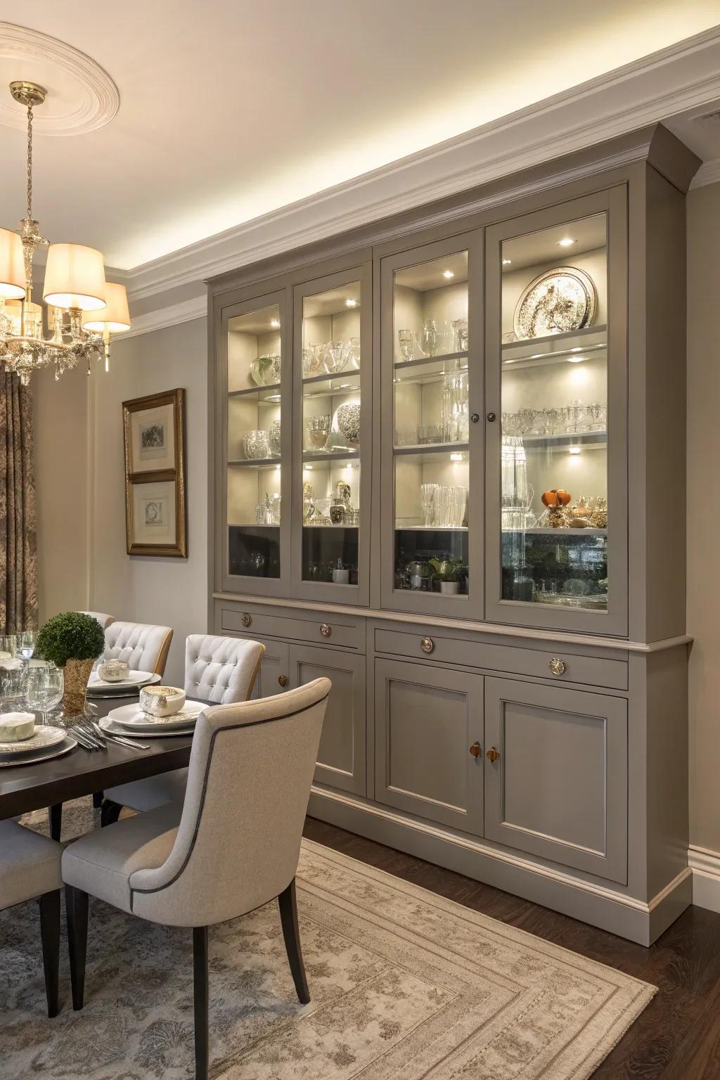 Dining room showcasing multi-purpose cabinetry for storage and display.