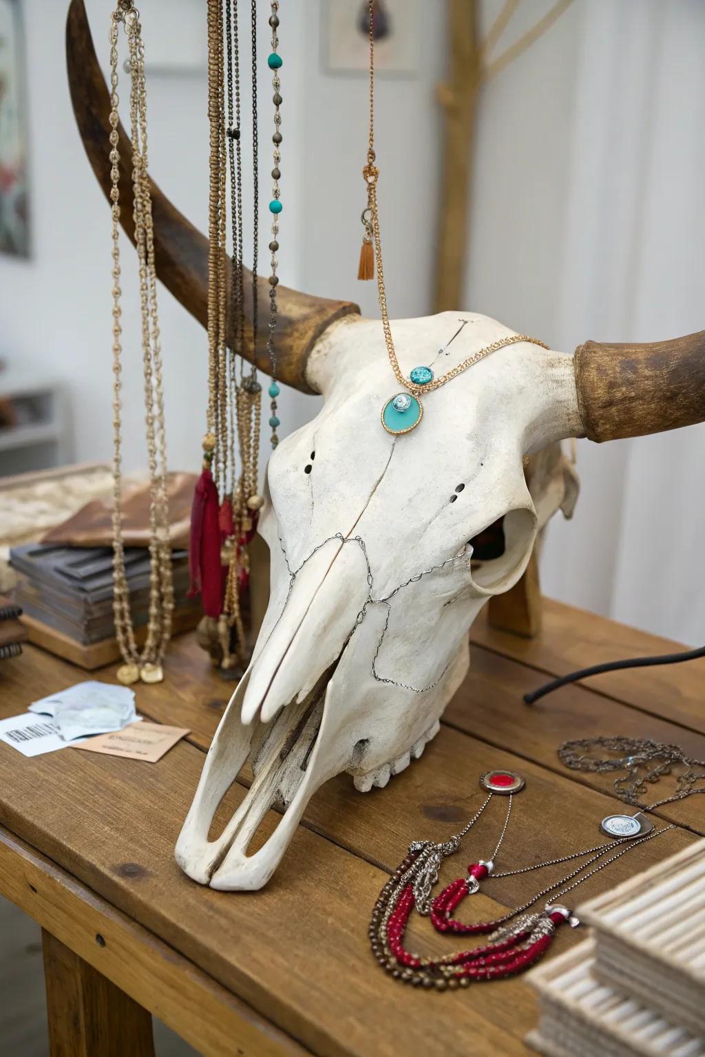 Creative jewelry display using a cow skull.