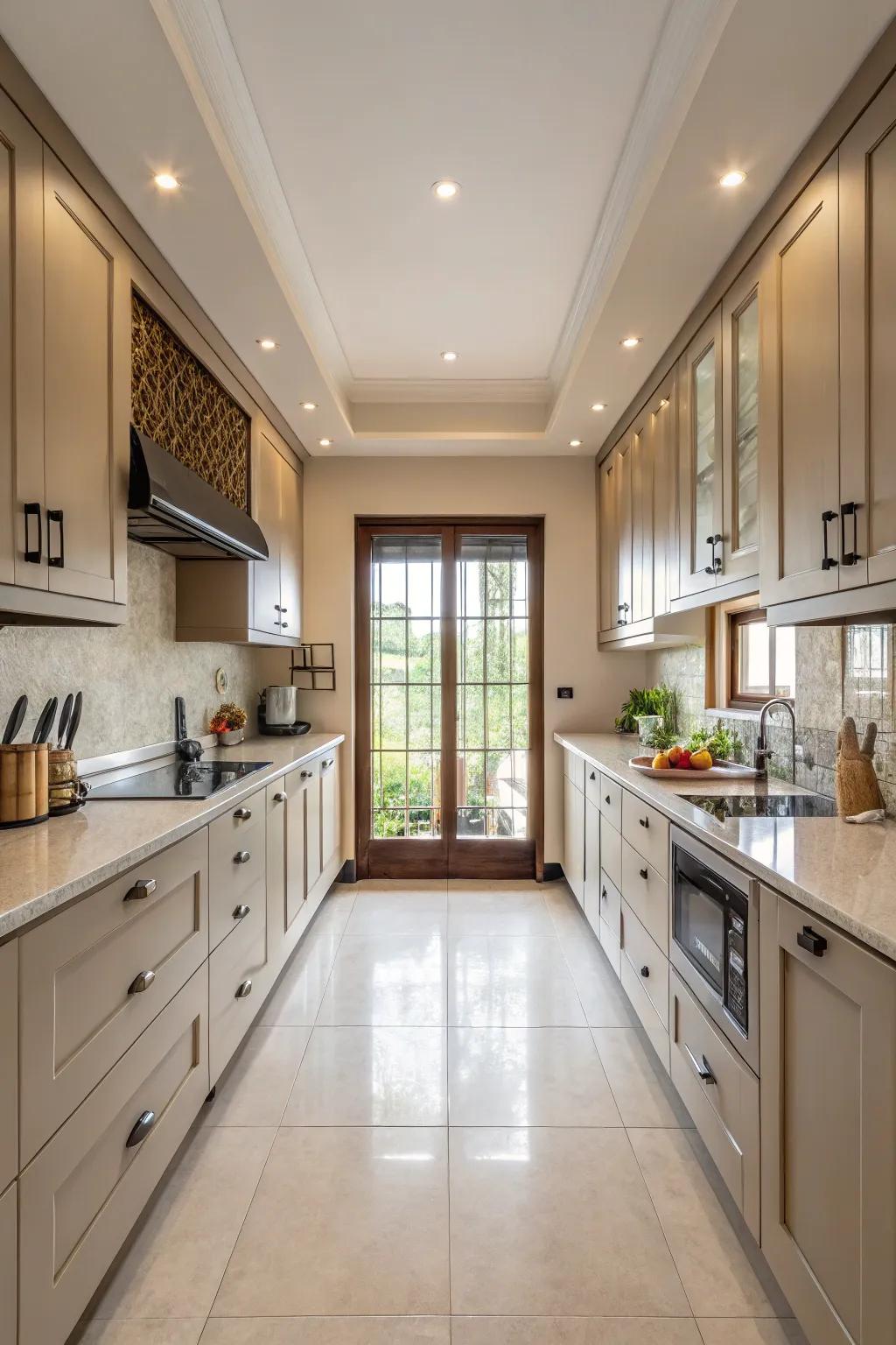 A cottage kitchen showcasing a beautifully symmetrical layout.