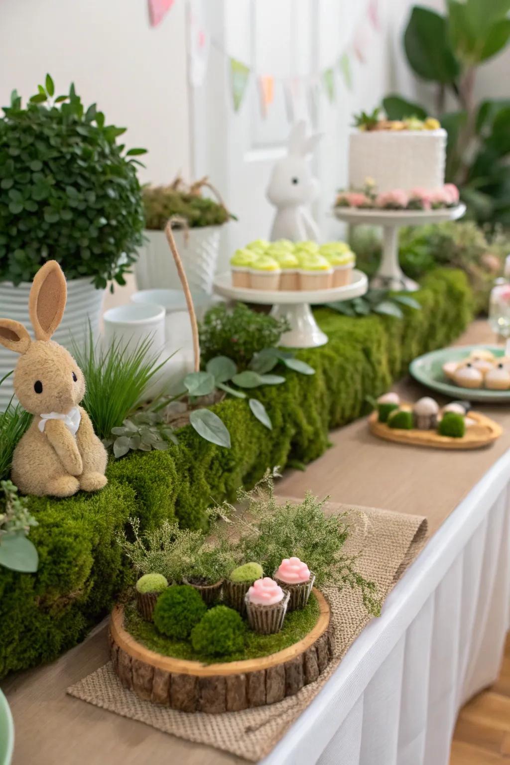 A nature-inspired table design with greenery adds a fresh touch.