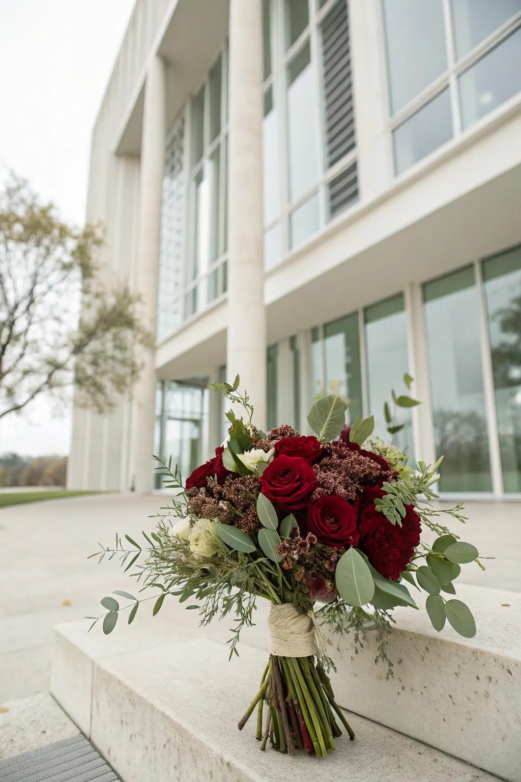Minimalist deep red bouquet with sparse greenery.