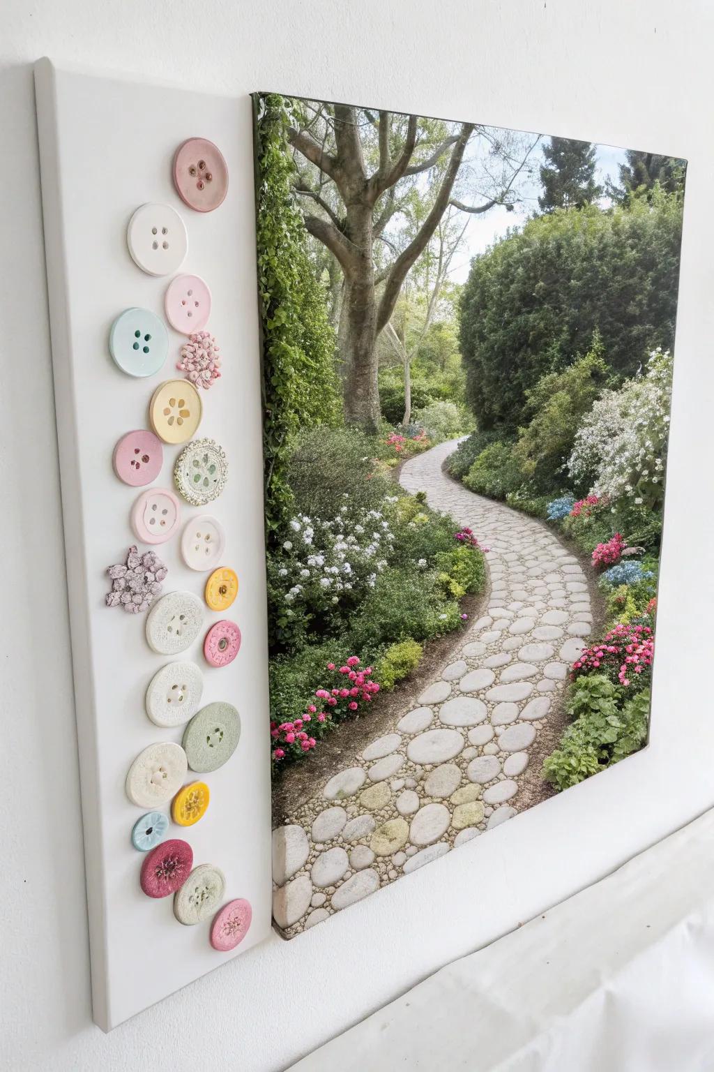 Wander through a whimsical button garden path, where simplicity meets playful elegance.