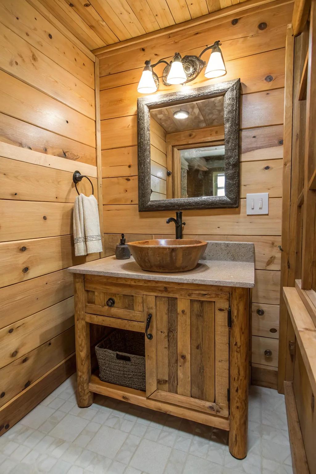 A cabin bathroom with a country furnishing fashioned from repurposed materials.