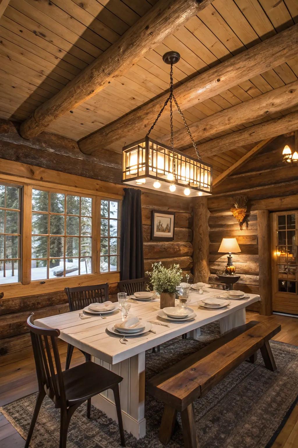 A statement light fixture enhancing the dining area in a cabin.