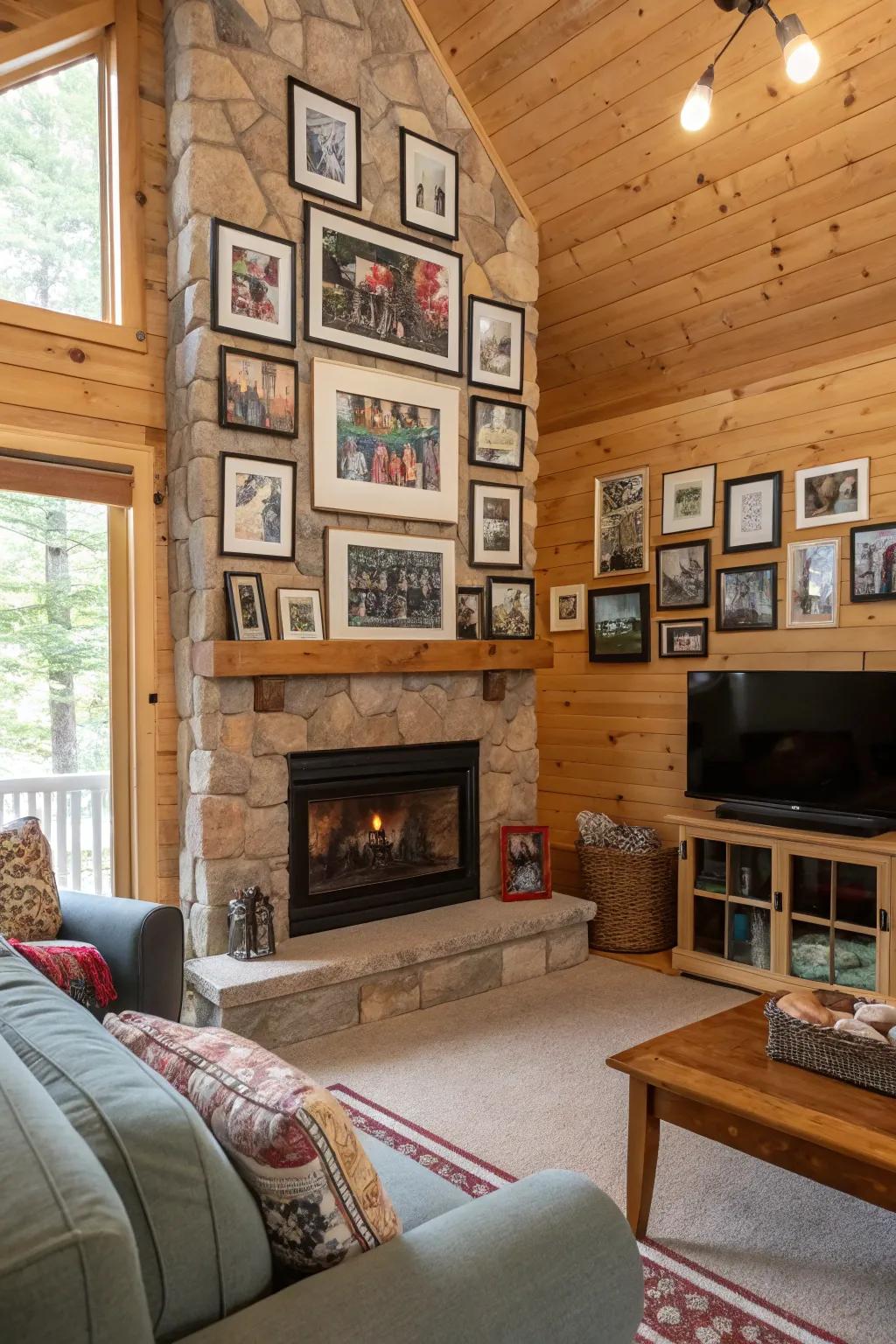 A gallery wall adds warmth and personal touch to this cabin living space.