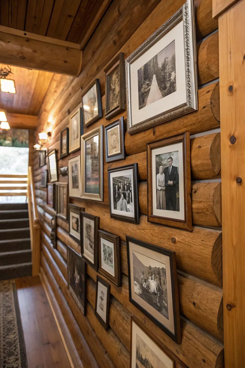A tailored gallery wall featuring kindred photos within a comforting cabin.